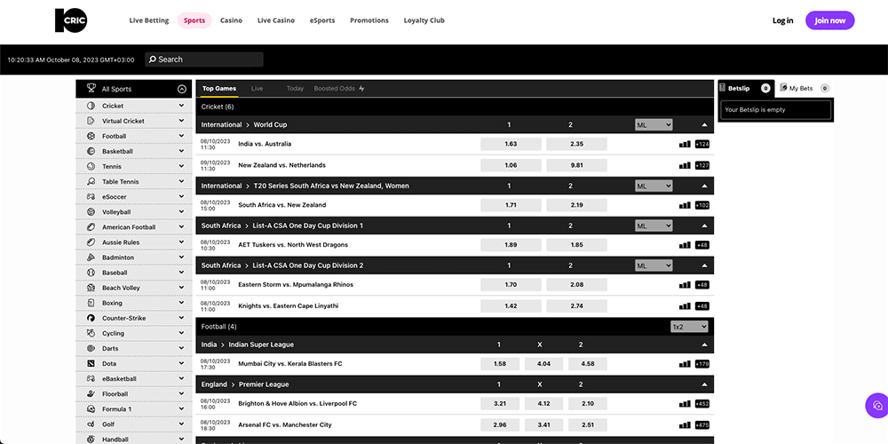 Sports betting section at 10cric Casino