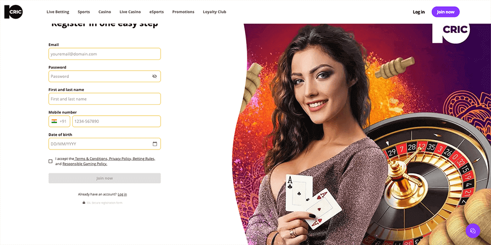 Registration form on the official website of 10cric Casino