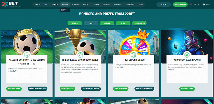 Promotions and bonuses at 22Bet Casino