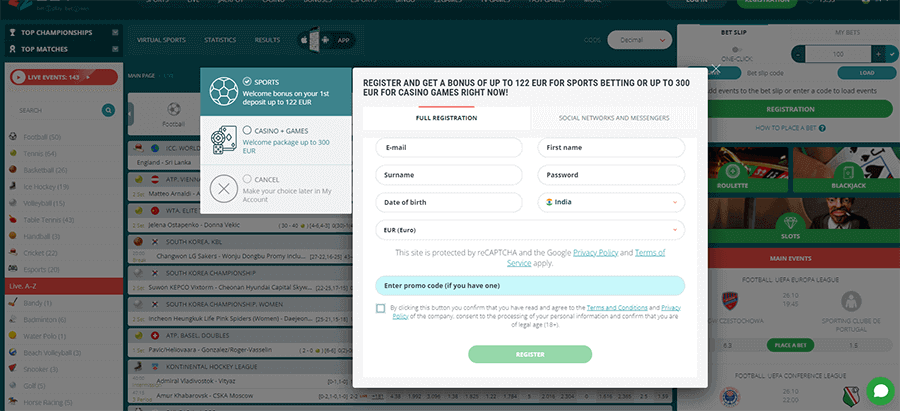 Registration form on the official website of 22Bet Casino