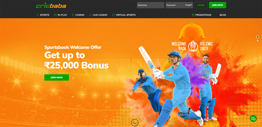 Home page of the official site Cricbaba Casino
