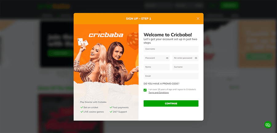 Registration form on the official website of Cricbaba Casino