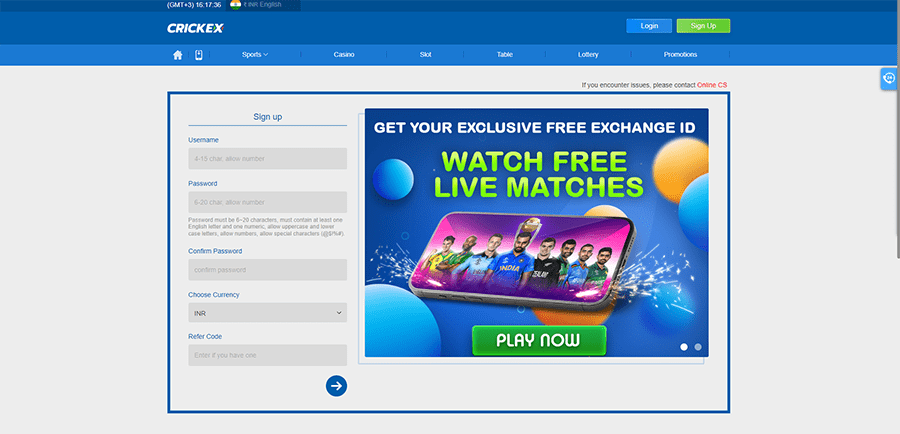 Registration form on the official website of Crickex Casino