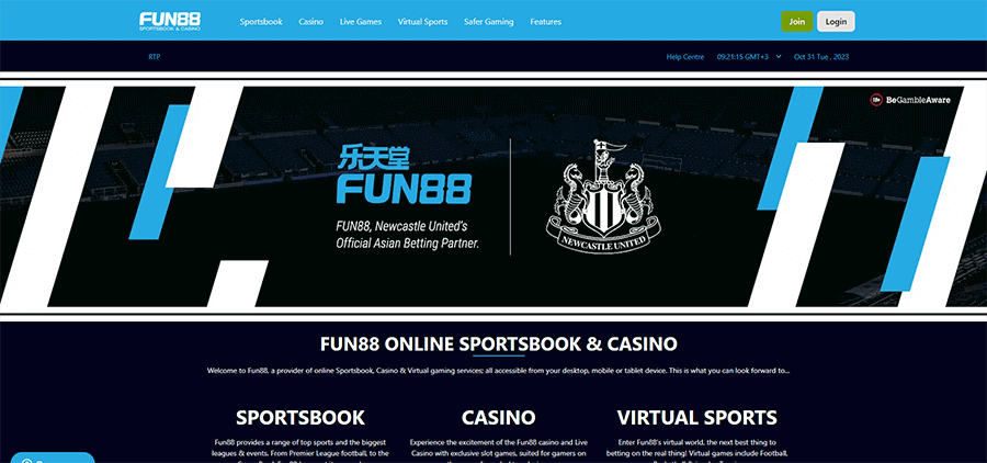 Home page of the official site Fun88 Casino