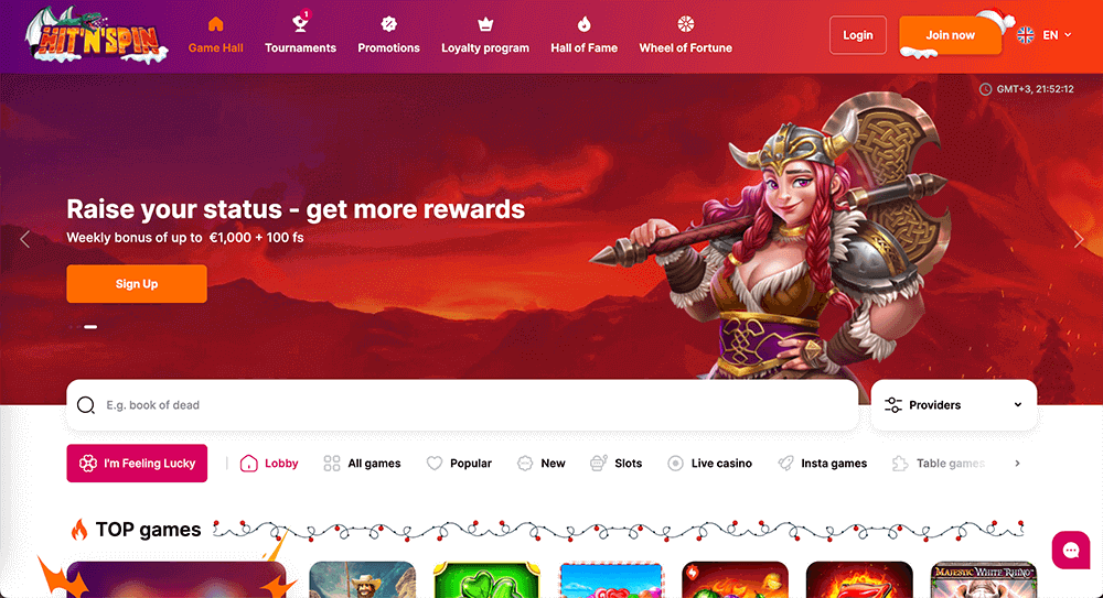 What the Hit'N'Spin Casino homepage looks like