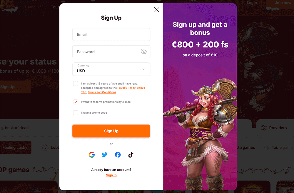 Hit'N'Spin Casino Registration Form