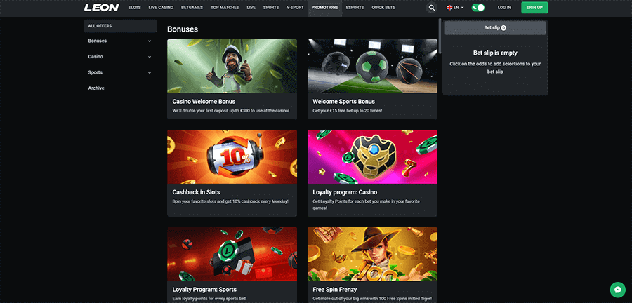 Promotions and bonuses at Leon Casino