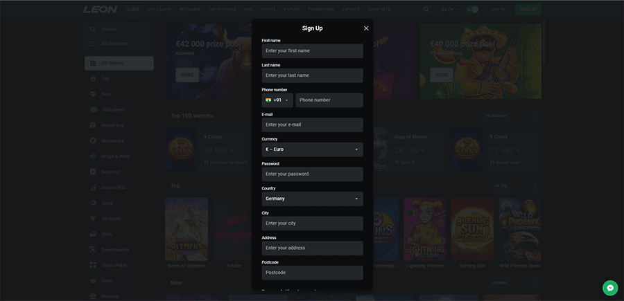 Registration form on the official website of Leon Casino