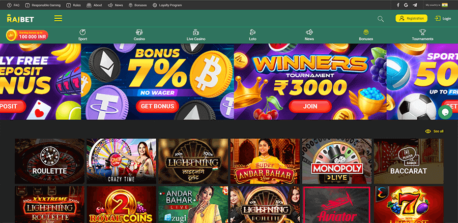 Home page of the official site Rajbet Casino
