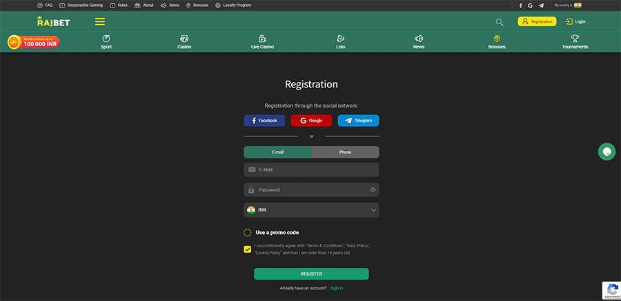 Registration form on the official website of Rajbet Casino