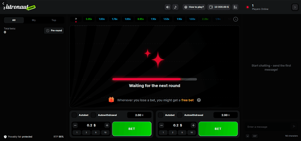 Astronaut placing the bets screen