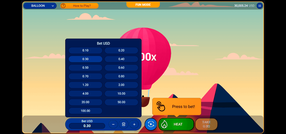 Balloon placing the bets screen