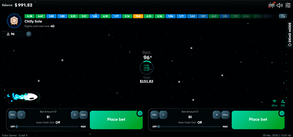 Crash X placing bets screen