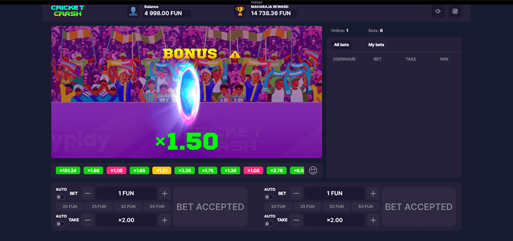 Cricket Crash bonus screen